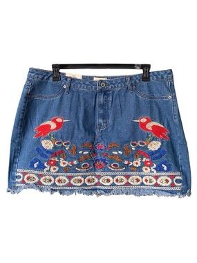 Umgee Floral Bird Embroidered Boho Denim Mini Skirt Womens Plus Size 2XL NWT